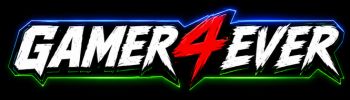 Logotipo Gamer4Ever com tipografia branca, número 4 vermelho e contorno azul na parte superior e verde na inferior sobre fundo preto.