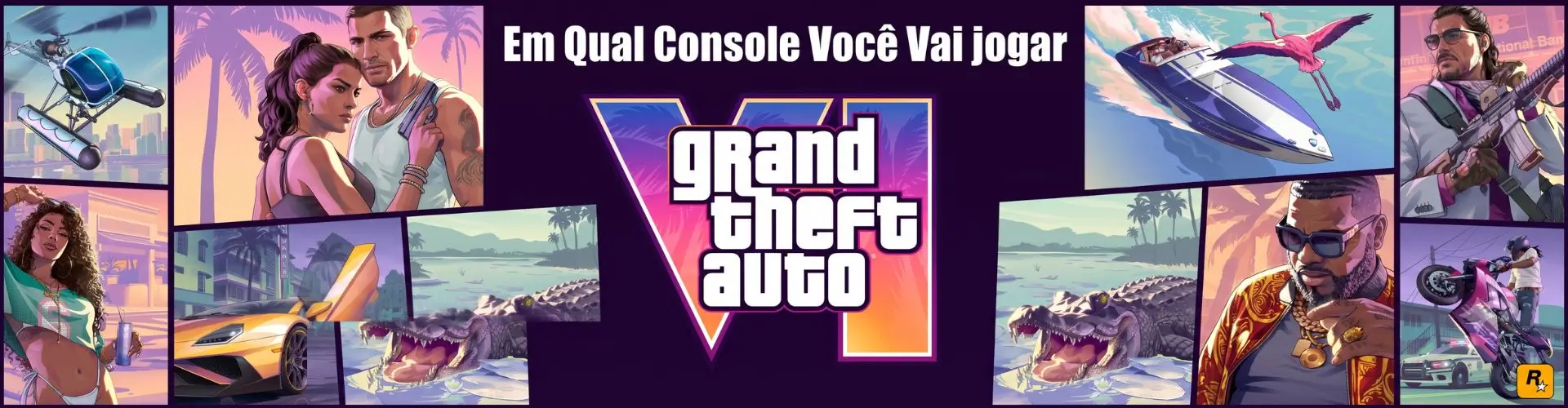 Banner panorâmico do jogo GTA 6 com os personagens Lucia e Jason, destacando a pergunta Em Qual Console Você Vai Jogar