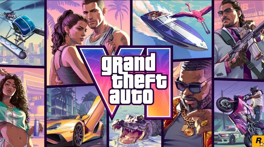 Banner oficial do jogo Grand Theft Auto VI (GTA 6) mostrando a logo centralizada e colagem com os personagens principais Jason e Lucia em Vice City