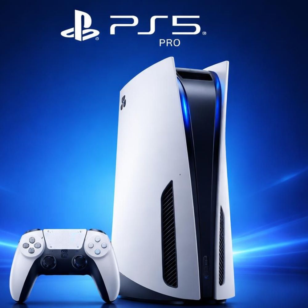 Console Sony PlayStation 5 Pro branco em pé sobre fundo azul com controle DualSense, com o logotipo PS5 Pro acima.