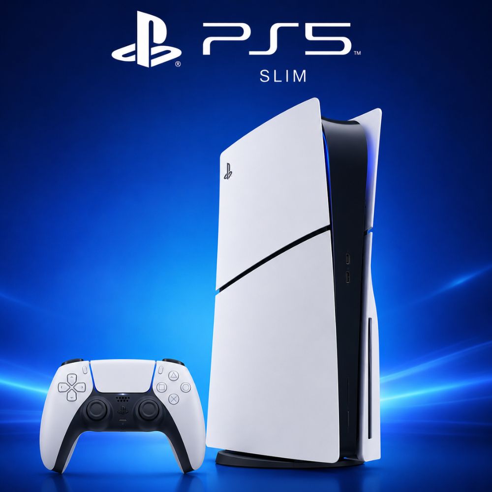 Console PlayStation 5 Slim com controle DualSense em fundo azul brilhante oficial da Sony.