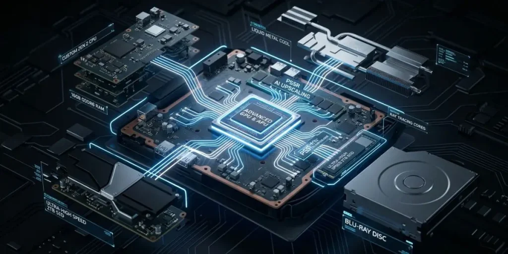 Representação técnica da arquitetura interna e componentes do PS5 Pro, destacando o chip PSSR AI Upscaling, GPU e SSD de 2TB.