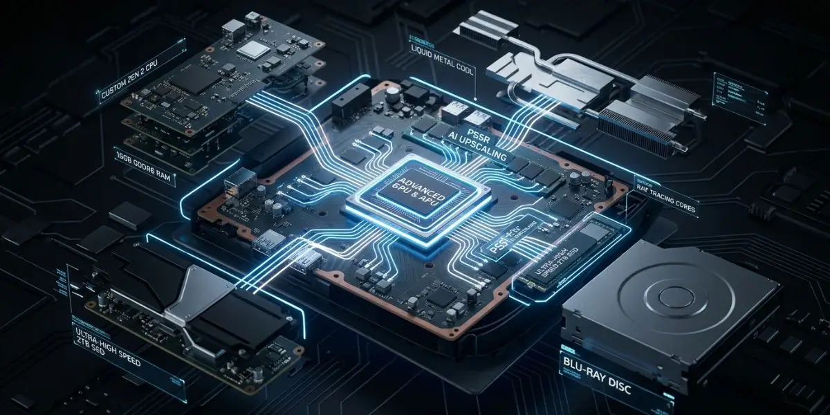Representação técnica da arquitetura interna e componentes do PS5 Pro, destacando o chip PSSR AI Upscaling, GPU e SSD de 2TB.