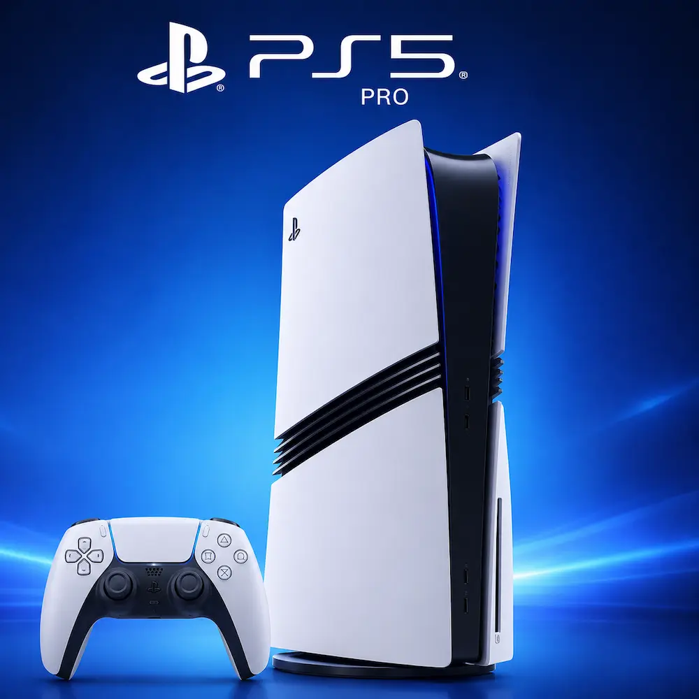Console Sony PlayStation 5 Pro branco em pé sobre fundo azul com controle DualSense, com o logotipo PS5 Pro acima.