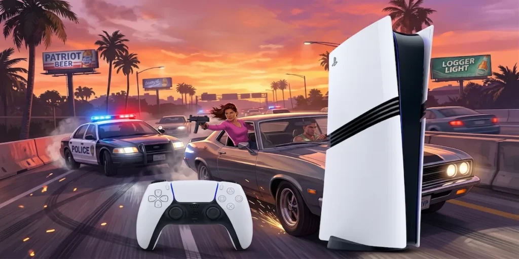 Montagem ilustrativa mostrando o console PlayStation 5 Pro e o controle DualSense em primeiro plano com uma cena de perseguição policial de GTA 6 ao fundo no pôr do sol de Vice City