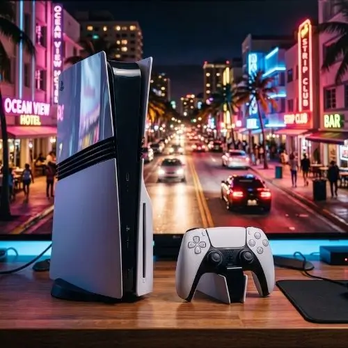 Console PlayStation 5 Pro em um setup gamer com o controle DualSense e luzes neon de Vice City ao fundo