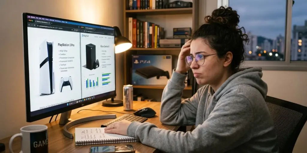Jovem em dúvida comparando na tela do monitor as especificações do PlayStation 5 Pro e do Xbox Series X para escolher o melhor console.
