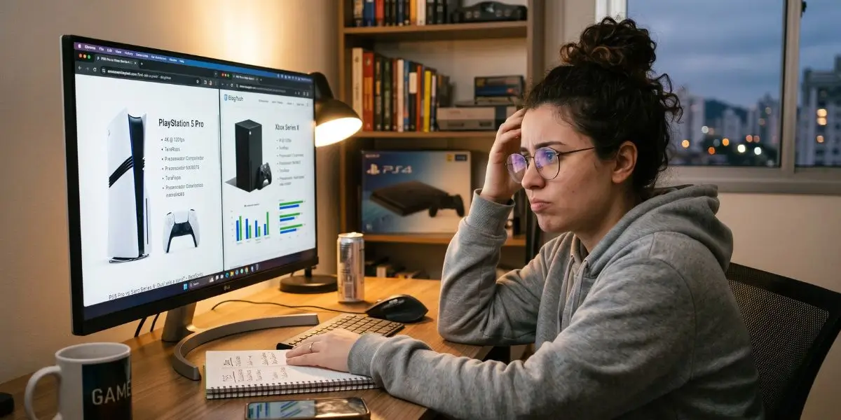 Jovem em dúvida comparando na tela do monitor as especificações do PlayStation 5 Pro e do Xbox Series X para escolher o melhor console.