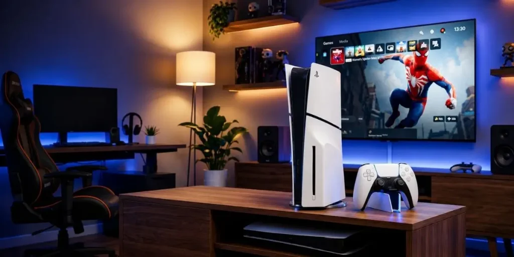 Console PlayStation 5 Slim e controle DualSense em uma sala gamer iluminada com texto perguntando Vale a Pena Comprar o PS5 Slim.