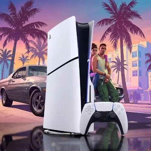 Console PlayStation 5 Slim branco com controle DualSense e fundo temático do GTA 6 Vice City