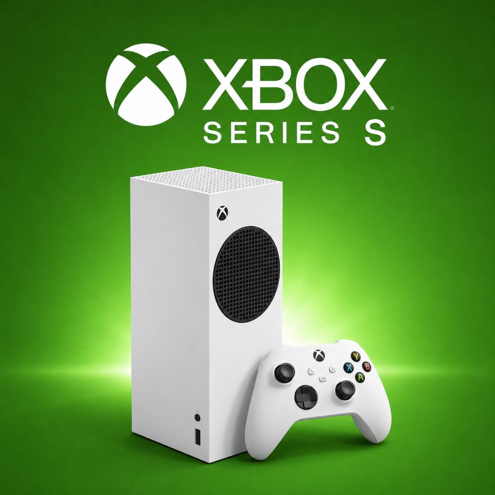 Console Xbox Series S branco na vertical ao lado do controle sem fio e logo oficial sobre fundo verde.