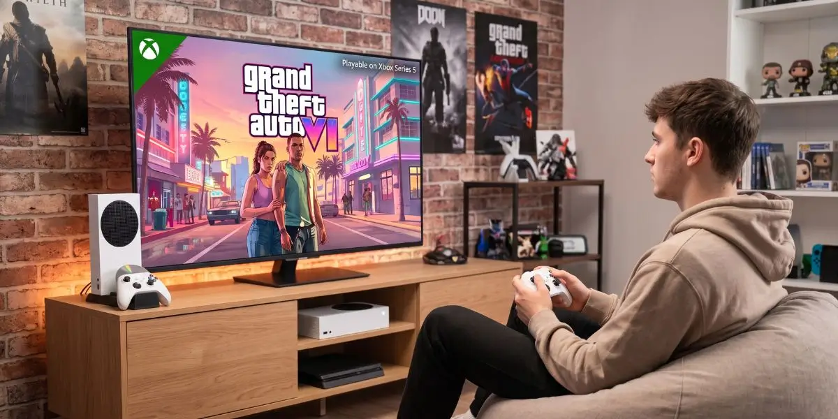 Jogador jogando GTA 6 em uma TV de tela grande com o Xbox Series S na estante
