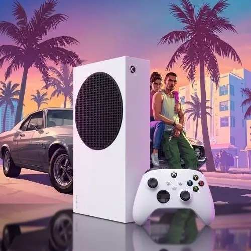 Console Xbox Series S branco com controle sem fio e fundo temático do GTA 6 Vice City