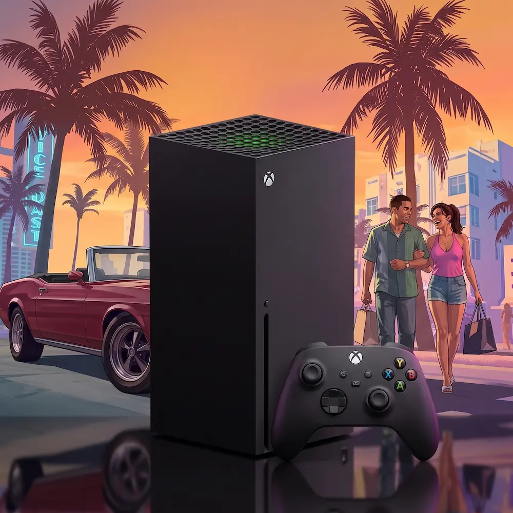 Console Xbox Series X preto com controle sem fio em destaque com cenário de Vice City ao fundo para GTA 6
