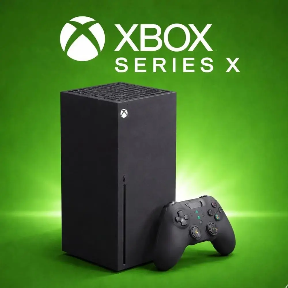 Console Xbox Series X preto na vertical com controle sem fio e logotipo oficial em fundo verde