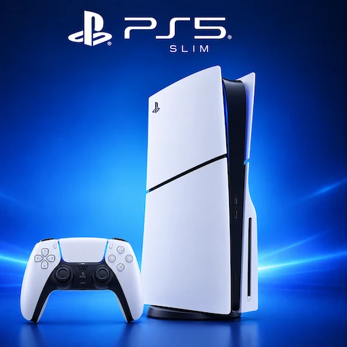 Console Sony PlayStation 5 Slim branco na vertical com o controle DualSense sobre fundo azul brilhante.