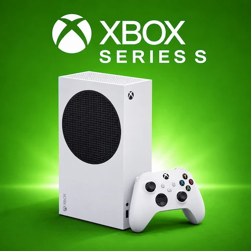 Console Microsoft Xbox Series S branco na vertical ao lado do controle sem fio sobre fundo verde.