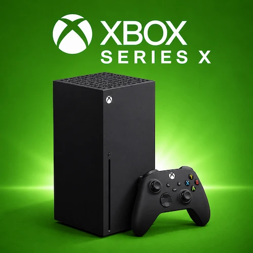 Console Xbox Series X preto na vertical com controle sem fio e logotipo oficial em fundo verde