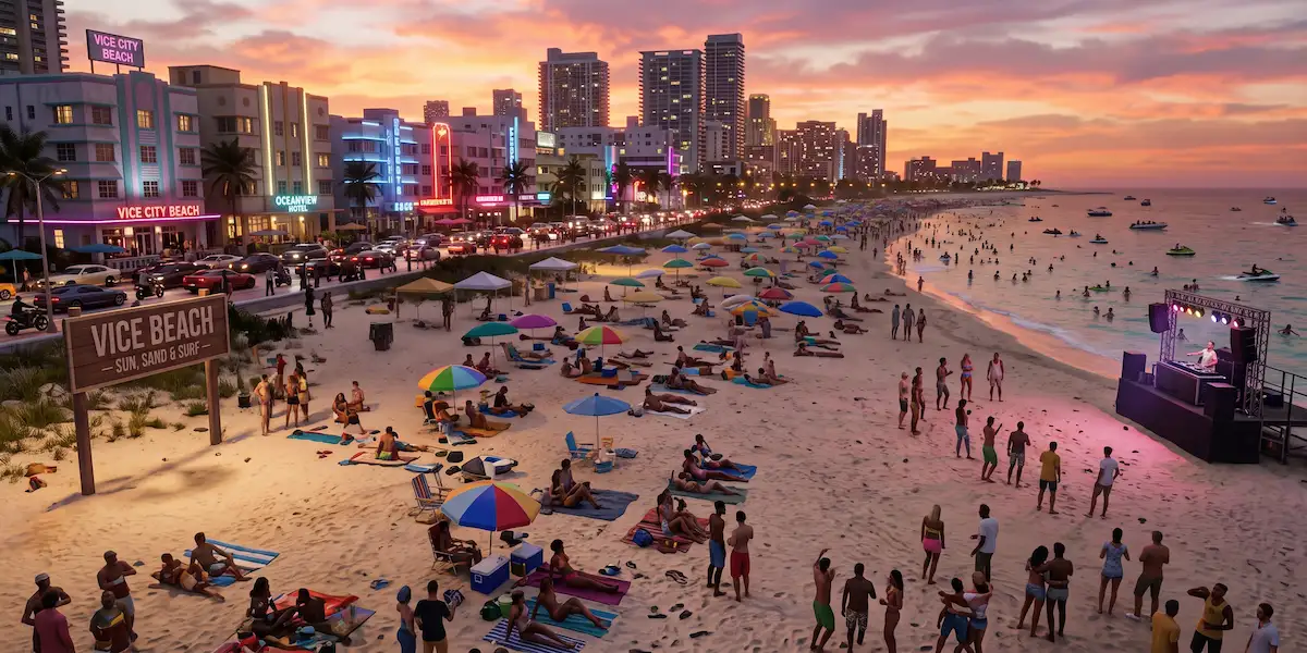 Cena panorâmica de Vice City Beach ao pôr do sol em GTA 6, mostrando centenas de NPCs, ondas dinâmicas e letreiros neon para exemplificar o poder da RAGE Engine.