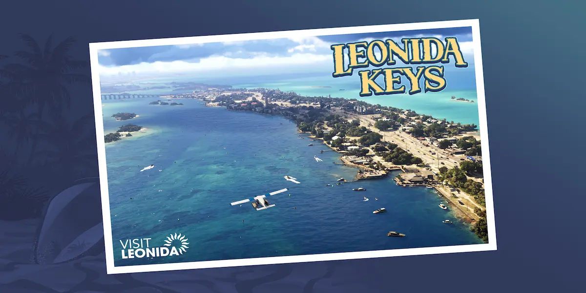 Cartão-postal de Leonida Keys no GTA 6 mostrando o mapa com praias e oceano