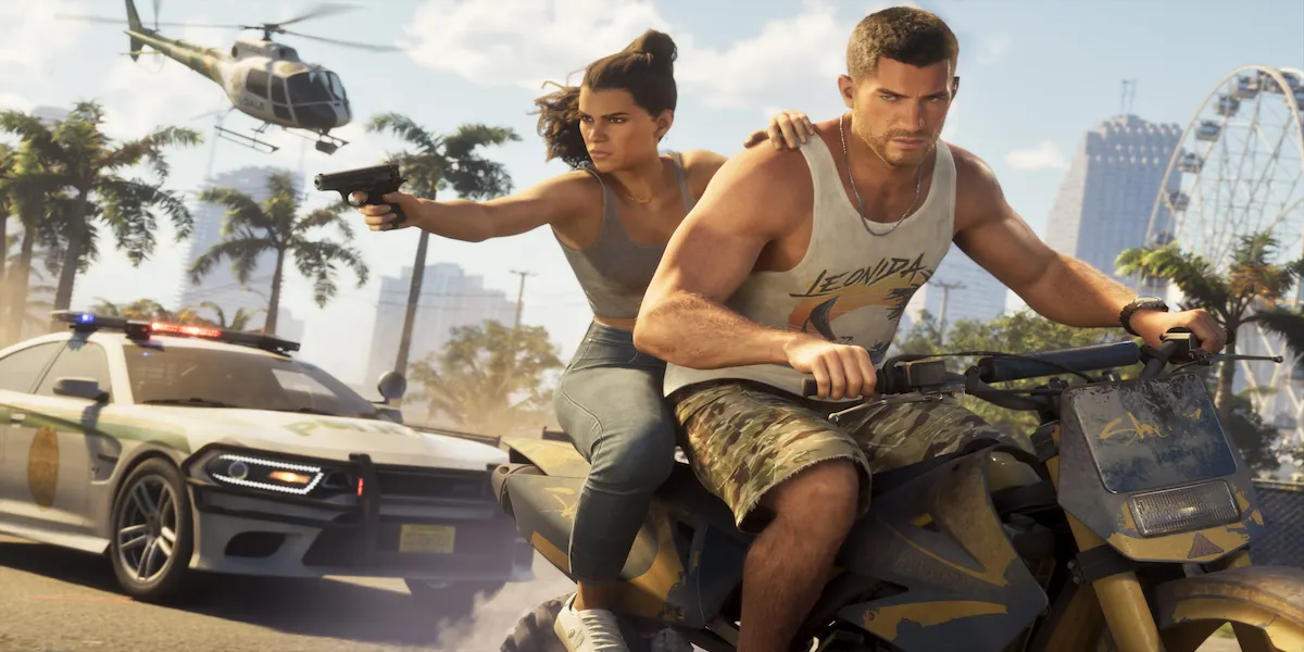 Protagonistas de GTA 6 Lucia e Jason em fuga de moto da policia