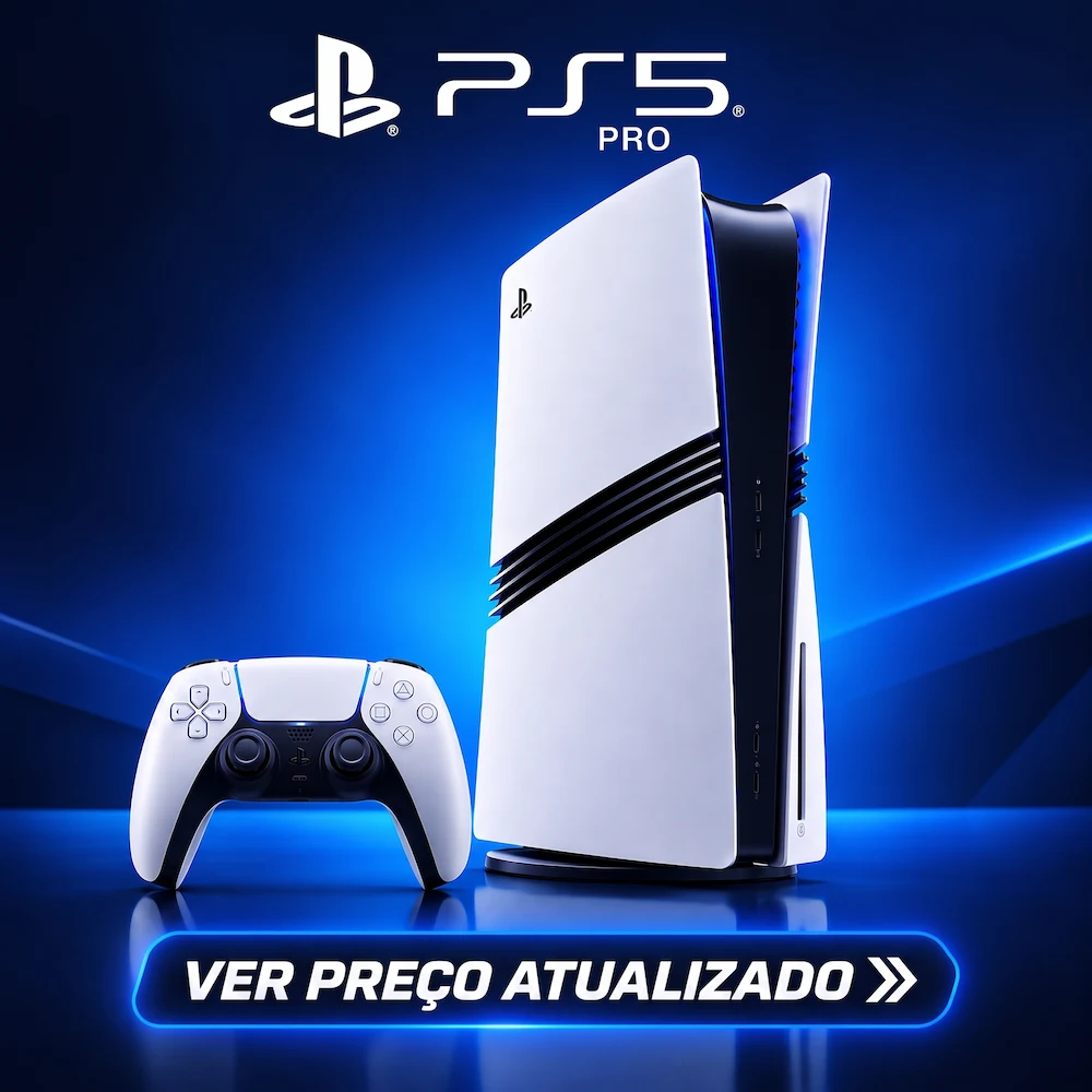 Console PlayStation 5 Pro com comando DualSense e botão para ver preço atualizado.