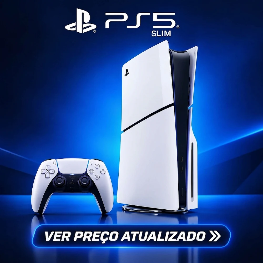 Console PlayStation 5 Slim com comando DualSense e botão para ver preço atualizado.