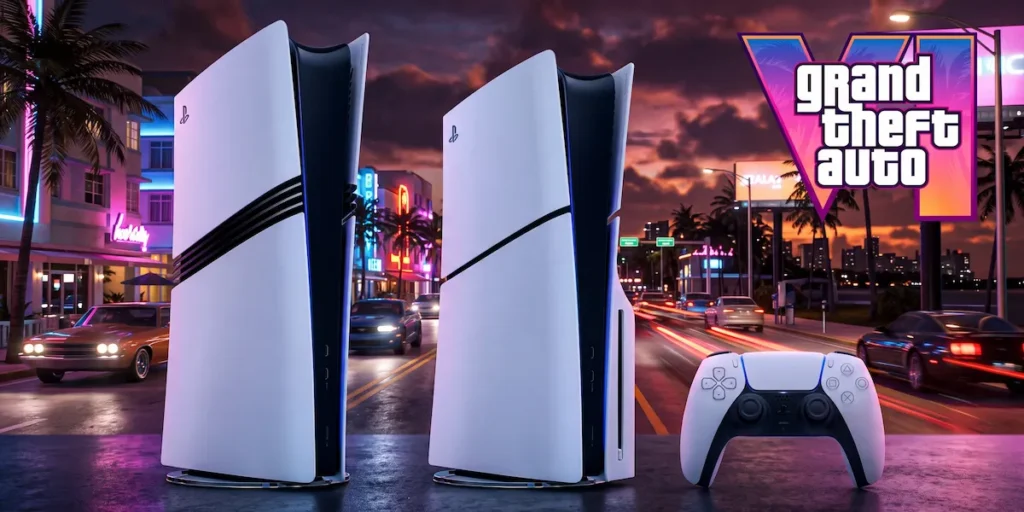 Comparativo entre PS5 Pro e PS5 Slim com controle DualSense e cenário do GTA 6 Vice City ao fundo