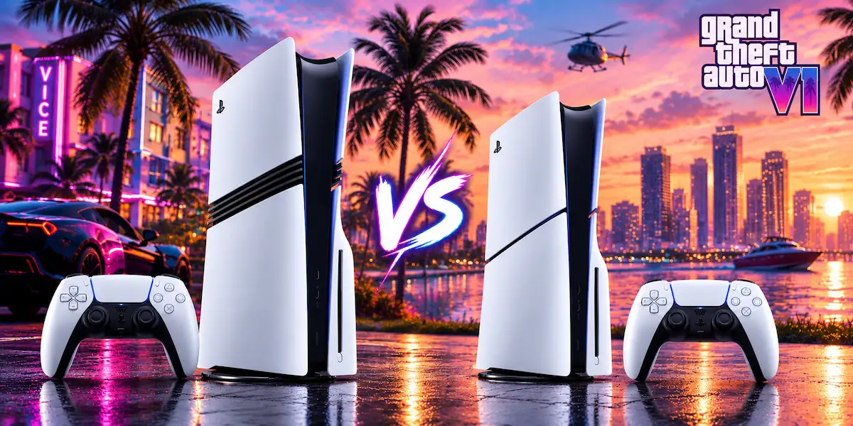 Comparativo visual entre o PlayStation 5 Pro e o PlayStation 5 Slim com controles DualSense e a logo do GTA VI ao fundo em estilo Vice City.