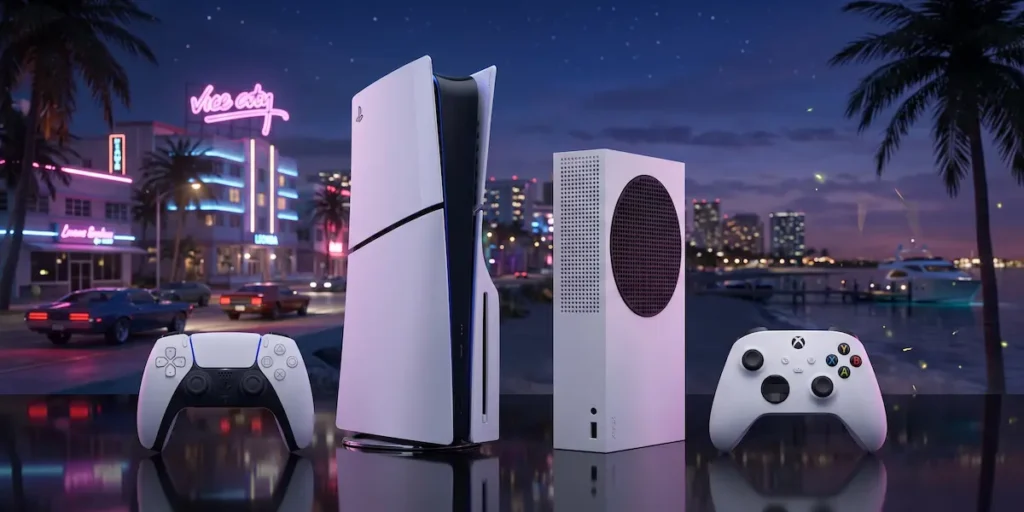 PS5 Slim e Xbox Series S lado a lado com controles brancos e cenário noturno de Vice City ao fundo para GTA 6