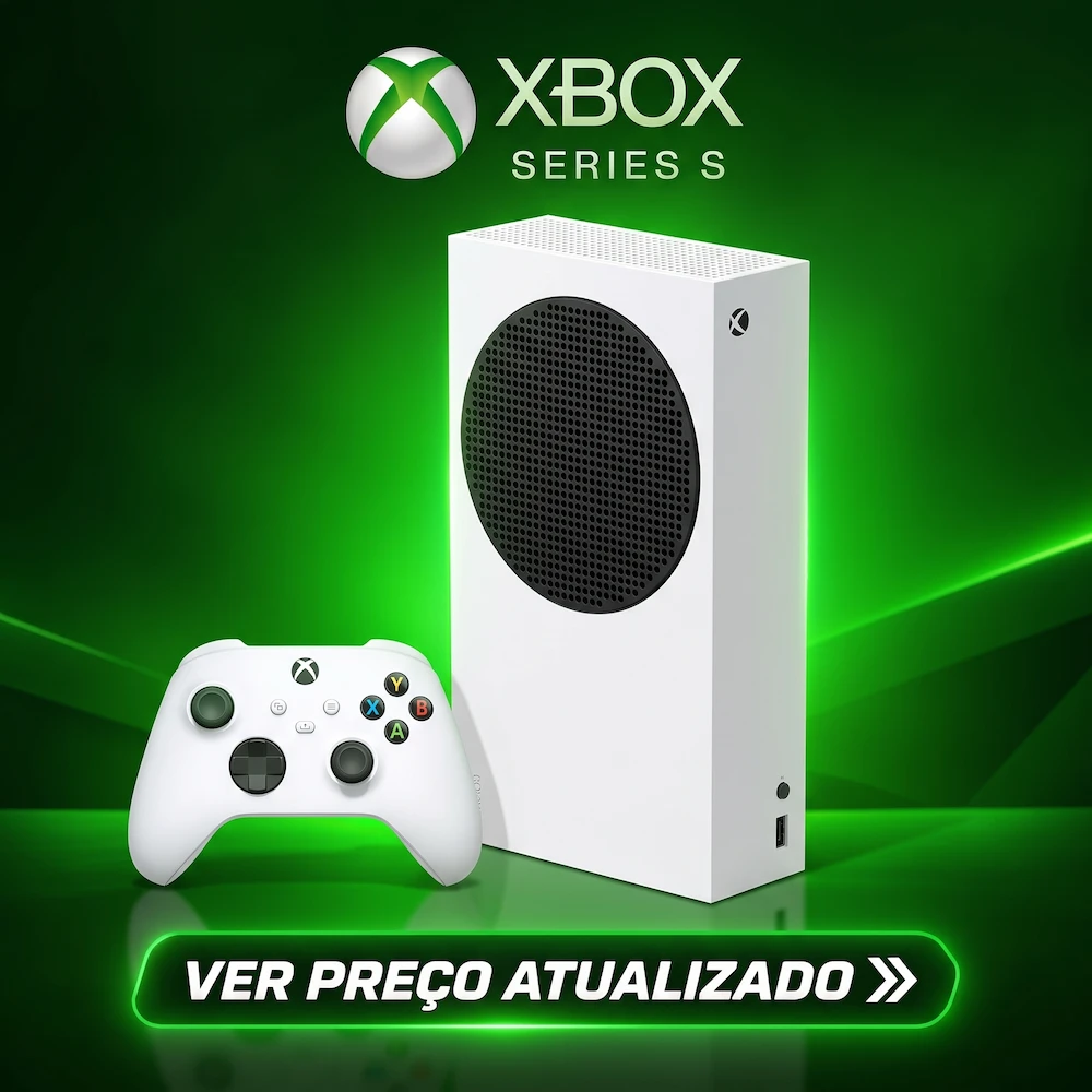 Console Xbox Series S branco com controle sem fio e botão para ver preço atualizado