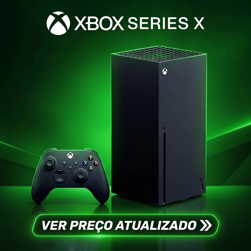 Console Xbox Series X preto com controle sem fio e botão para ver preço atualizado.