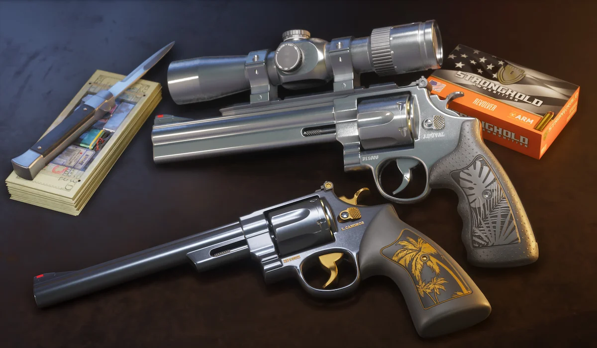 Dois revólveres Hawk e Little Morgan com gravuras personalizadas de palmeiras, mira telescópica e caixa de munição em GTA 6