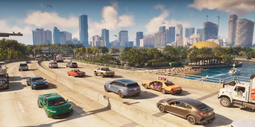 Vários carros em GTA 6 rodando em uma autoestrada movimentada com prédios de Vice City ao fundo.