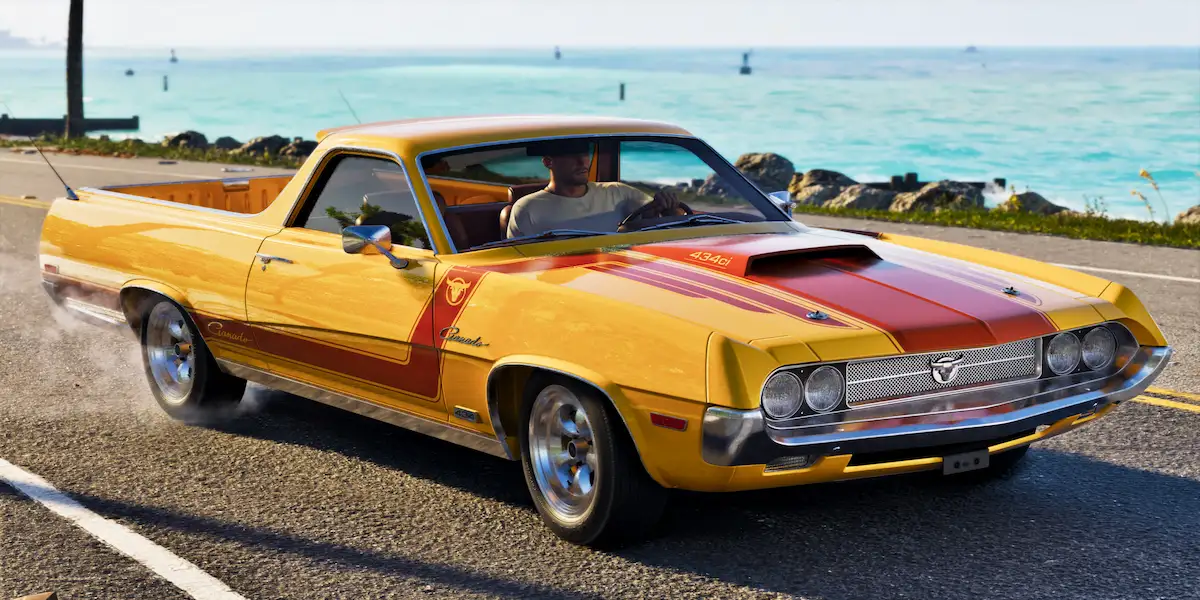 Carro clássico amarelo modificado acelerando na praia de Vice City, ilustrando a customização de carros no GTA 6.