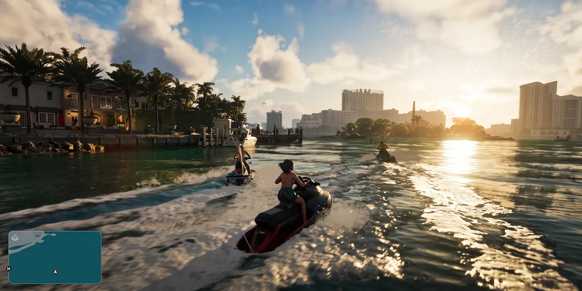 Visão em terceira pessoa de personagem pilotando um jet ski nas águas de Vice City com tráfego aquático ao pôr do sol em GTA 6, ilustrando a física de ondas da RAGE Engine