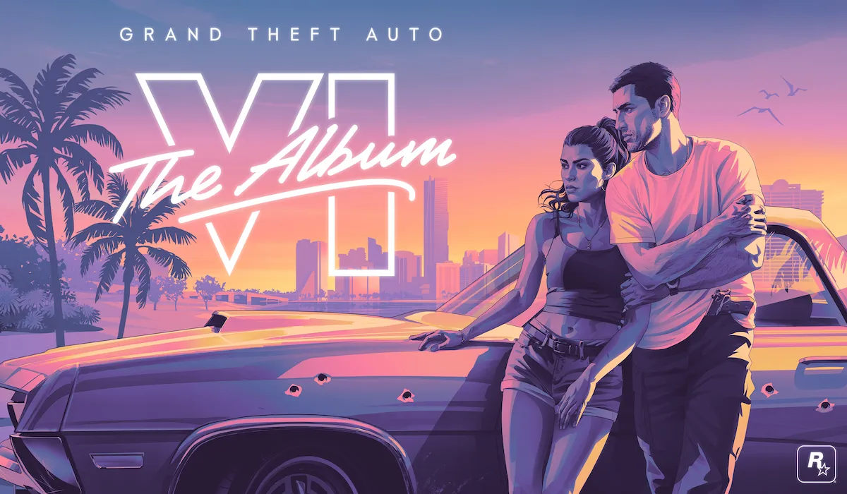 Arte conceitual de GTA 6 com a frase The Album em neon, mostrando os personagens Lucia e Jason encostados em um carro ao pôr do sol de Vice City.