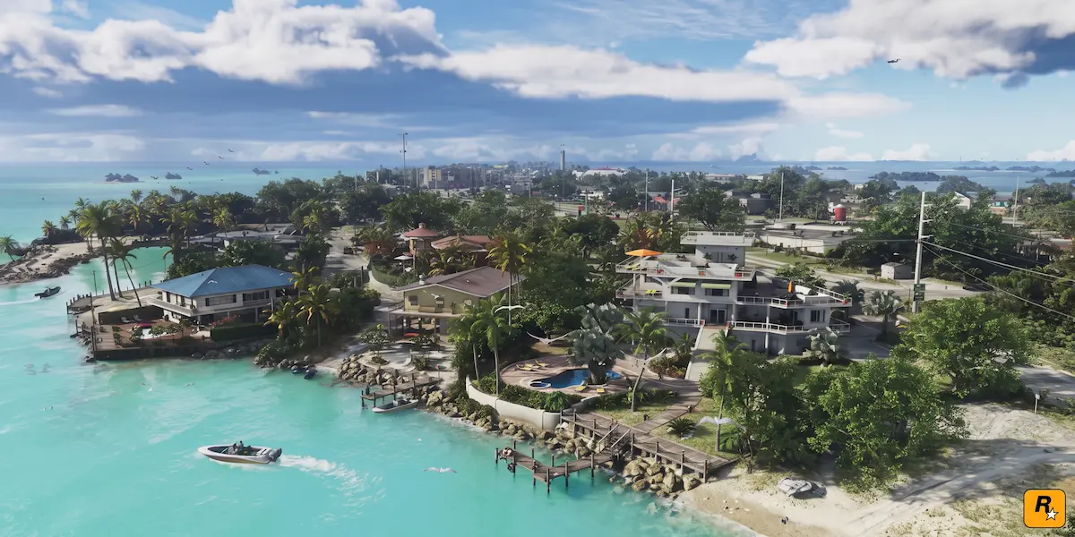 Vista panorâmica das ilhas de Leonida Keys com mansões à beira-mar e lancha em GTA 6 novas imagens