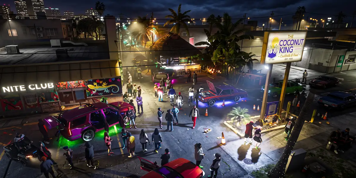 Vista aérea de encontro de carros em posto de gasolina à noite exibido em GTA 6 novas imagens
