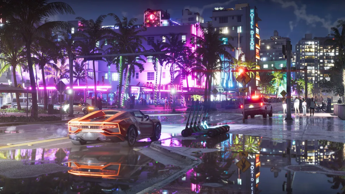 Carro esportivo em avenida de Vice City à noite com luzes de neon em GTA 6 novas imagens