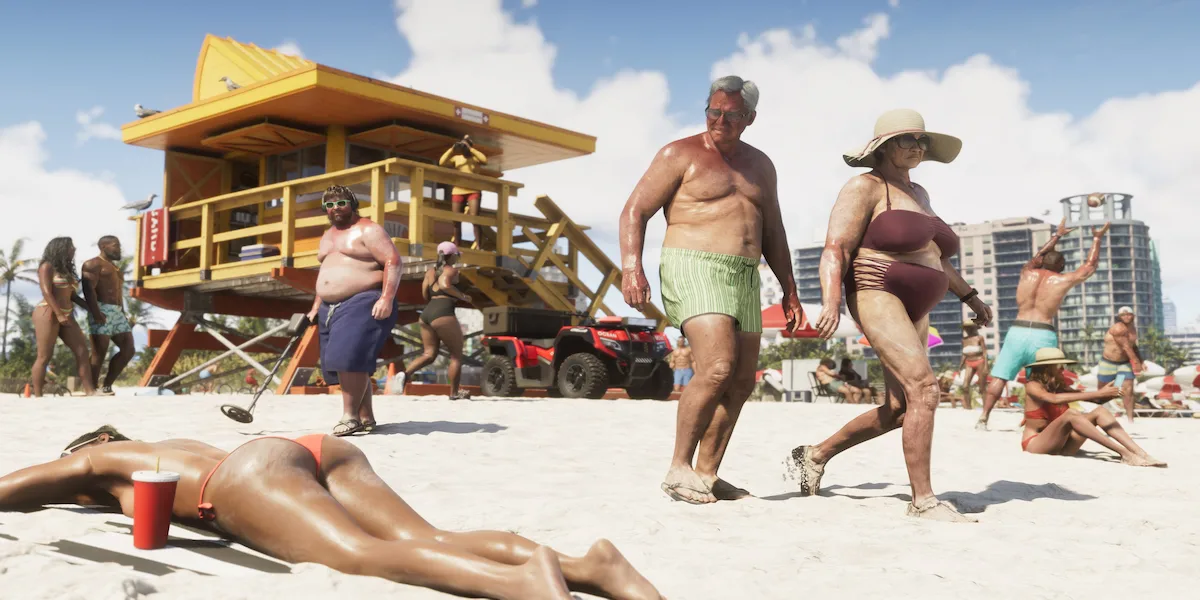 GTA 6 NPCs caminhando na praia de Vice City com diferentes tipos de corpos e física de animação realista