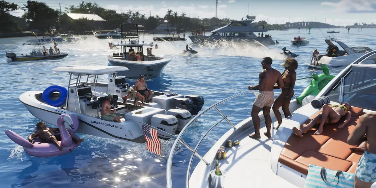 Jogadores reunidos em barcos, iates e jet skis nas águas de Vice City em festa no mar representando o GTA 6 Online