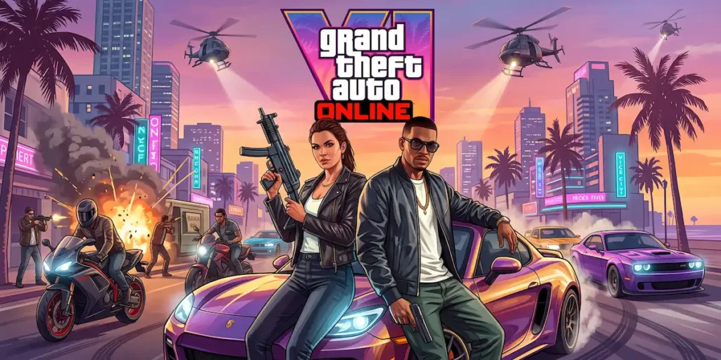 Ilustração conceitual do GTA 6 Online destacando personagens armados encostados num carro desportivo, motos, explosão e helicópteros em Vice City