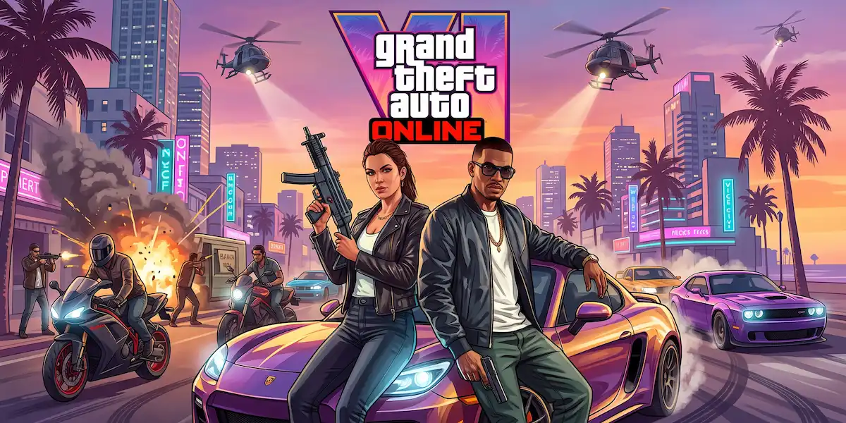 Ilustração conceitual do GTA 6 Online destacando personagens armados encostados num carro desportivo, motos, explosão e helicópteros em Vice City