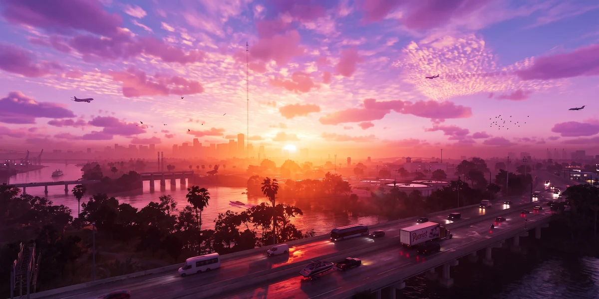 Vista panorâmica de rodovia expressa em Vice City ao pôr do sol em GTA 6, mostrando o tráfego de veículos e caminhões para ilustrar o sistema de inteligência artificial de trânsito.