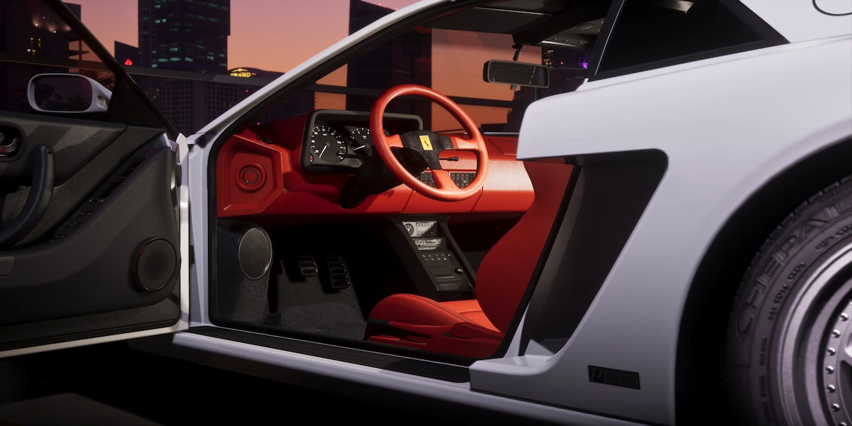 Visão interna do cockpit e volante do Grotti Cheetah clássico com estofamento vermelho em GTA 6.