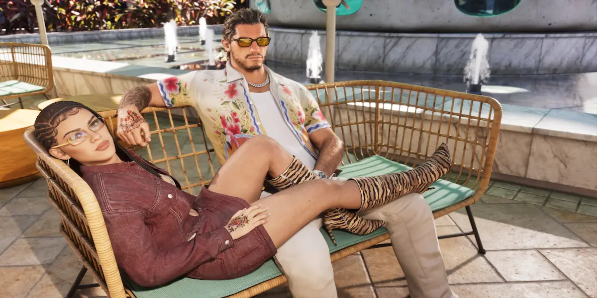 Lucia e Jason sentados em uma cadeira de praia relaxando em Vice City no GTA 6