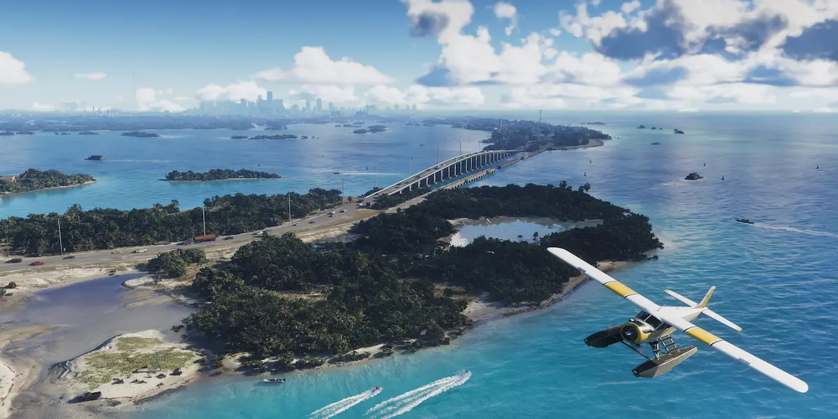 Avião monomotor sobrevoando ilhas tropicais e pontes que conectam o mapa gta 6 ao fundo com os arranha-céus de Vice City