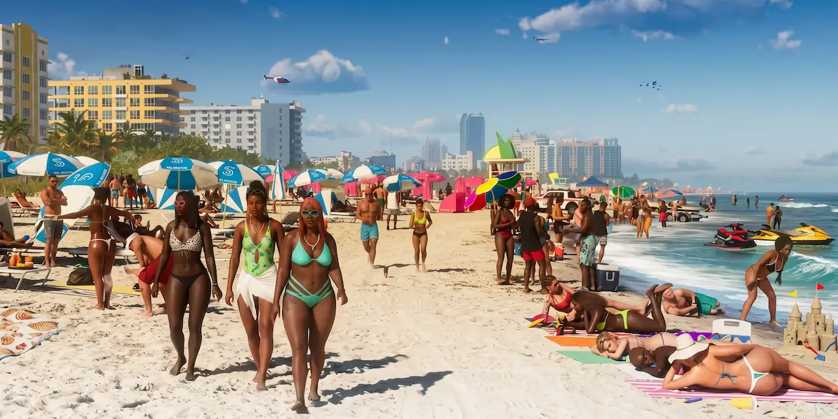 Multidão de NPCs na praia de Vice City no jogo GTA 6