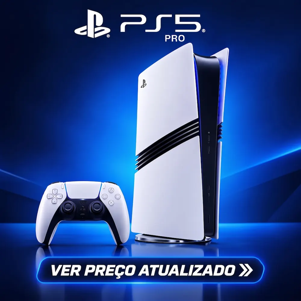 Console PlayStation 5 Pro com comando DualSense e botão para ver preço atualizado.